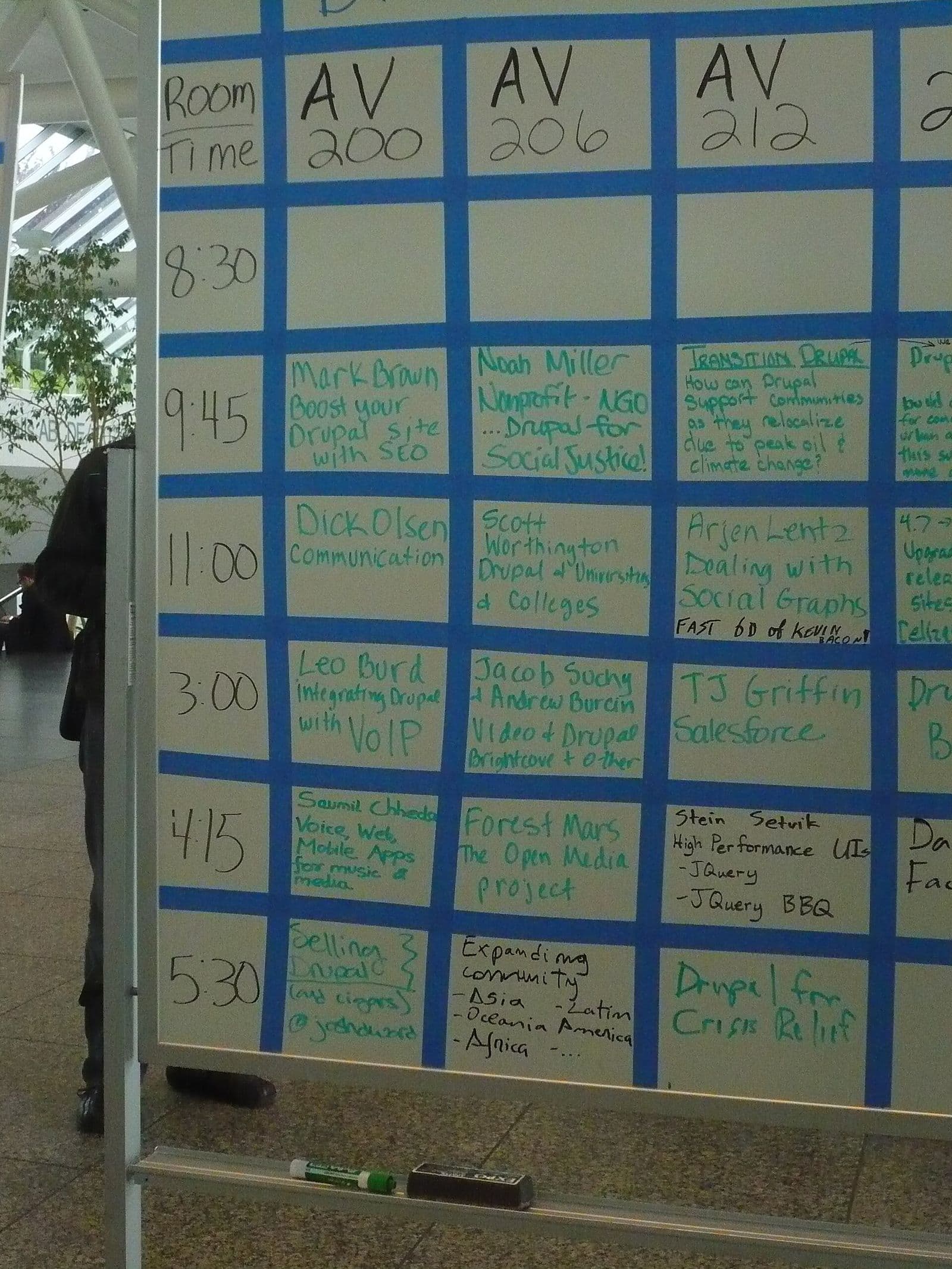 The birds-of-a-feather session board at a DrupalCon